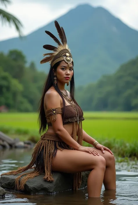 1girl, Solo, High Resolution, a beautiful Indonesian woman, sexy curvy body, wear dayak kalimantan tribe costume, with feather headdress.  sitting on the rock in the river at the rice field and tropical mountain as background details. look at the viewer, n...