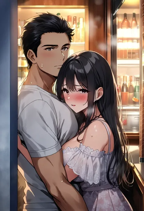 (( top quality)), (( Masterpiece )), ( Details), (1 anime girl and 1 man ),  sexy, ( black hair), Bust 9０CMs Big Breasts Married Woman ,  young woman, A married woman who was at the height of pleasure , ( woman in casual fashion), Man hugging a woman from ...