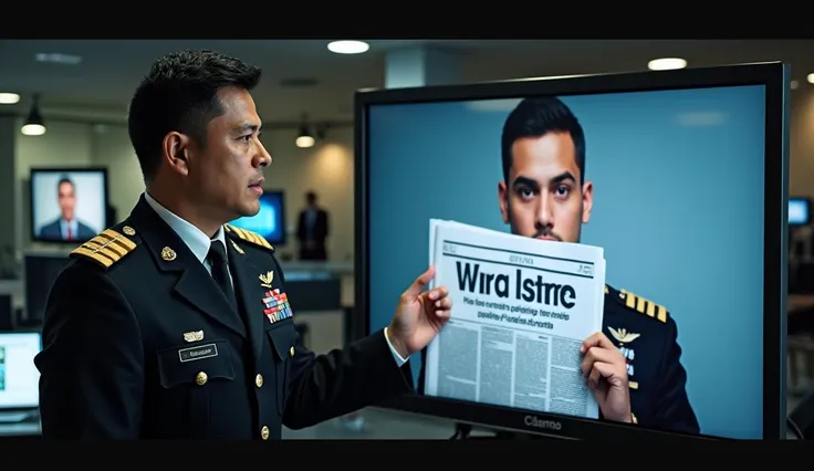 Create an image of a Brazilian soldier in uniform presenting a newspaper on the front TV showing his face 