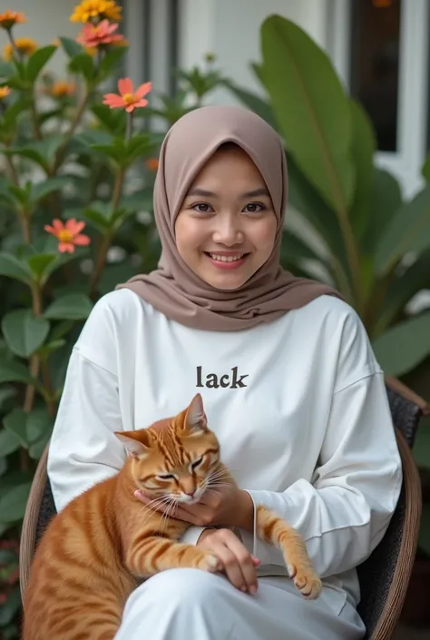  Full body photography of a beautiful Indonesian woman in hijab,  smiling sweetly, wearing a white t-shirt that says  "Lack",  sitting in my mothers chair ,  while hugging an orange angora cat,  in the back in front of the house , lots of flowers , morning...