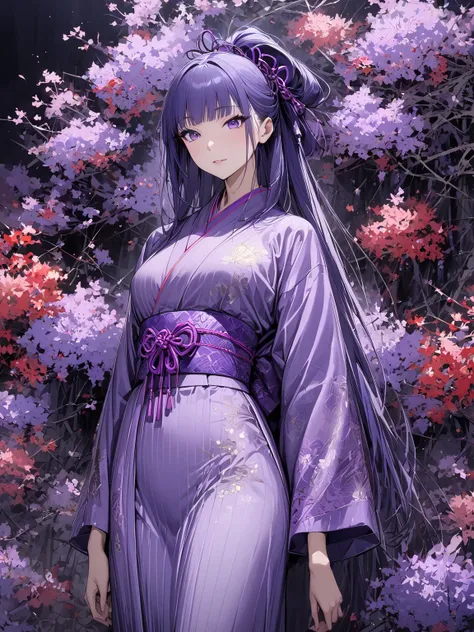 Masterpiece, very detailed, ultra detailed, one, (1 woman), Japanese appearance, Asian appearance, she wears a purple kimono resembling a yukata fixed around her waist, long hair, purple-blue hair, hair tied in a perfect straight ponytail and straight bang...