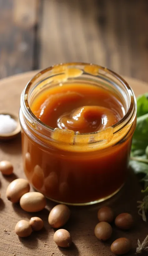 art photo, a beautifully presented jar of rich, golden-brown miso paste, its smooth texture glistening under soft, natural lighting. The miso is surrounded by key ingredients such as soybeans, rice grains, and salt, ele
