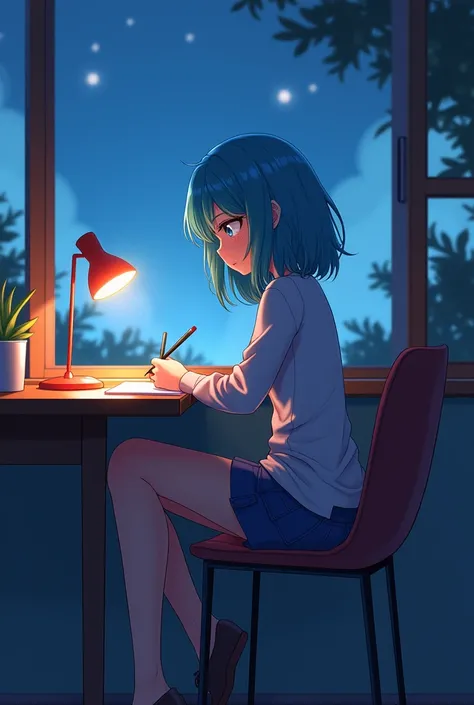 anime girl with blue hair sitting on a chair and writing, nightcore, anime style 4 k, anime vibes, anime girl with teal hair, mikudayo, an anime girl, young anime girl, high quality anime artstyle, anime moe artstyle, anime aesthetic, seductive anime girl,...