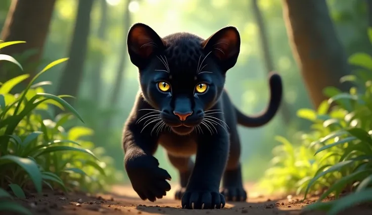 "Create a high-quality image of a young panther cub walking confidently through a dense forest. The cub has sleek black fur, piercing yellow eyes, and sharp features, showcasing its strength and fierce determination. Its posture is strong and purposeful, w...