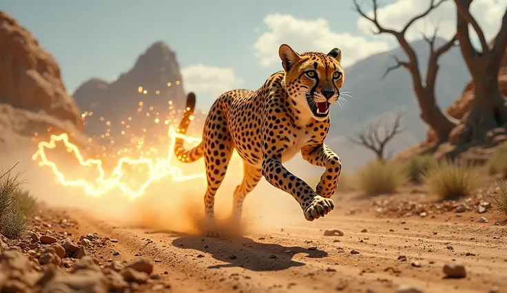 A cheetah running at lightning speed, leaving a trail of glowing electricity in a barren, cracked landscape.
