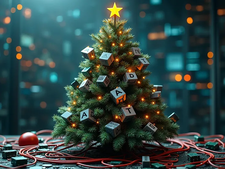 A realistic Christmas tree made entirely from computer components such as keyboards, mice, and circuit boards. The tree is decorated with the letters ADT prominently integrated into the design as ornaments. Surrounding the tree is a chaotic arrangement of ...