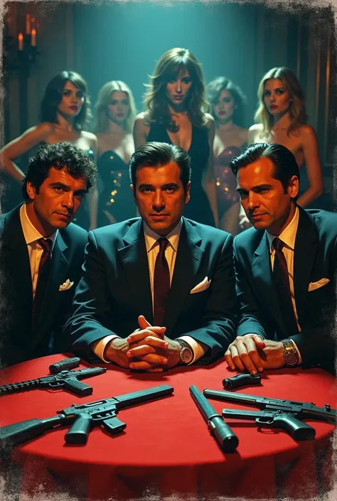  a photo of the Italian Mafia , 3 people having a meeting , in the 80s, a color, Make it look like an album cover , Add weapons to the table,  a lot of women back dancing 