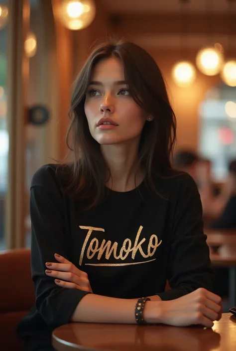 Beautiful white girl sitting at the cafe, wearing tops black with names tomoko on its.