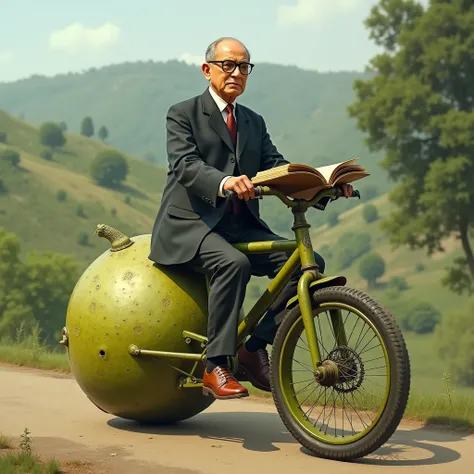 "A highly realistic and detailed image of Dr. B.R. Ambedkar, dressed in his classic formal attire with glasses, riding a unique bicycle. The bicycle is intricately crafted from kareli (bitter gourd), with the frame, handlebars, and wheels all made from the...