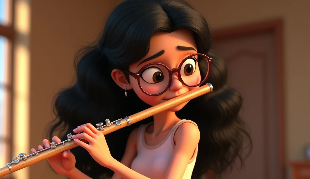 close up of A female transverse flute player wearing a casual outfit, black long curly hair, glasses, 3D character Disney Pixar animation, c4d, OC rendering, best quality, 8k, music school, cartoon character, Disney animation, light and lively, cartoon