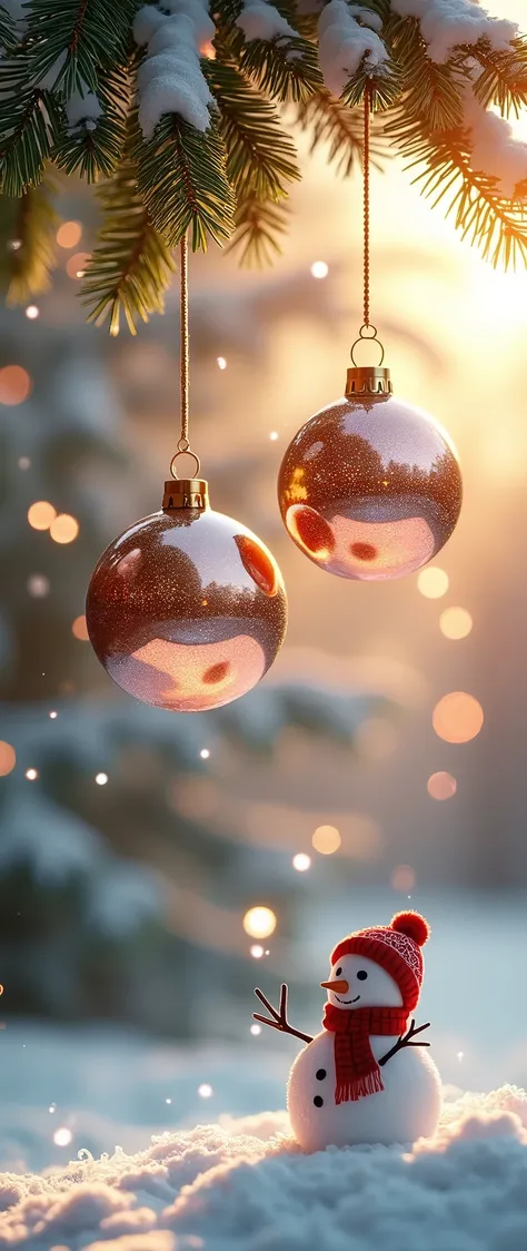 A beautiful Christmas poster. There are two shiny and fair decorative balls hanging on the screen, which reflect the light and shadow of the white Christmas tree, presenting a white golden color and a faint rose gold tone, creating a warm festive atmospher...