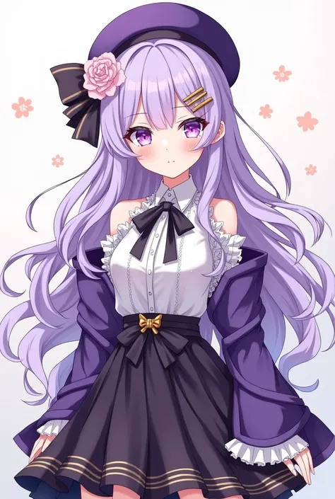 

purple eyes skirt hair ornament flower purple hair hat shirt ribbon frills long hair purple flower black skirt looking at viewer hairclip hair flower long sleeves neck ribbon braid frilled skirt white shirt bangs collared shirt black headwear jacket purp...