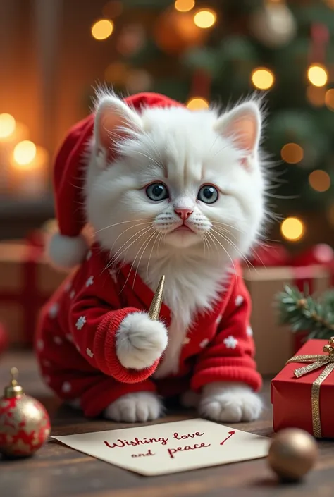 The white kitten with cute face .

.The white cat sits beside the beautifully decorated Christmas tree, surrounded by neatly wrapped gifts with shiny ribbons. It holds a pen in its paw, writing a note on festive stationery that says, "Wishing love and peac...