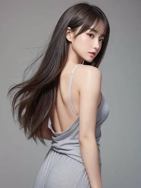  (( top quality, 8k, masterpiece:1.3)), concentrate: 1.2, Beautiful back view with perfect body: 1.4, Hips: 1.2, (( long hair on background, Waist: 1.2)), (Dry clothes: 1.1) , (clear,  simple background:1.3),  dress: 1.1,  highly detailed facial and skin t...