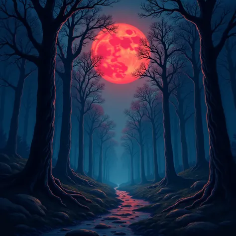 hand drawn illustration of a gloomy forest at night with a red moon on the horizon,  conceptual art,under the，  anime style  ，Dreamland Wonderland、Fantasy，    masterpiece  ，HD，colorful， detailed details 