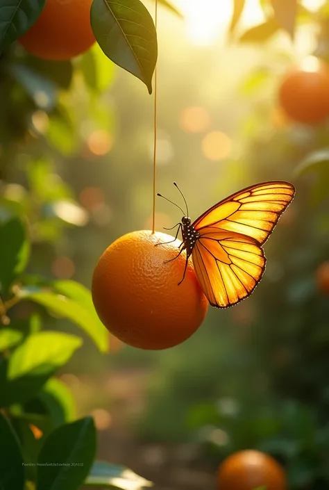 A butterfly and an orange fluttering through a vibrant orchard, the butterfly’s delicate wings glowing in the sunlight, and the orange suspended mid-air with glistening, textured skin, lush green leaves all around, bright daylight, cinematic lighting, ultr...