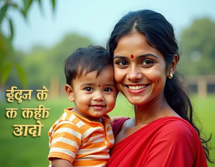 The image is a photograph of a indian mother and her baby. The mother is wearing a red saree and has a red bindi on her forehead. She is smiling and looking at the camera. The baby is wearing an orange and white striped shirt and is smiling. The background...