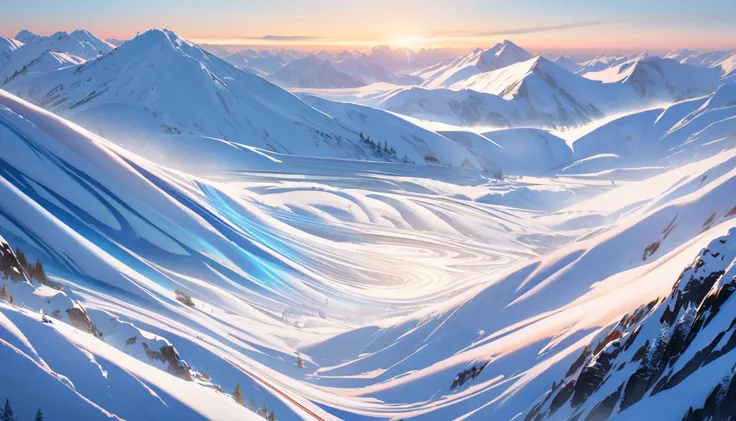 The skiers rapid descent is captured as if they are flying with the ski tracks depicted as glowing lines to emphasize speed, Snow is swirling and glowing around the skier, creating an ethereal effect, The scene is set in a vast snowy landscape with clear s...