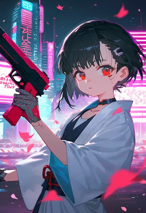 score_9, score_8_excellent,      White Kimono    ,       red eyes,     black hair,Pistol in both hands,Battle Situation     ,   cherry blossom aura  ,   cyberpunk city background ,18 years old, Neon Sign ,Future City