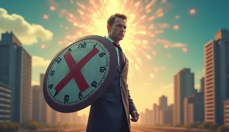 "A person holding a shield with a clock or calendar on it, with a bold red X marked through distractions, and a cityscape or landscape in the background with a bright, shining light."