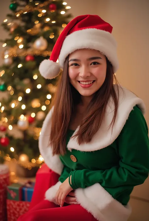 A cheerful young woman in a festive Christmas outfit, standing beside a beautifully decorated Christmas tree with glowing lights and colorful presents in the background. She is wearing a green and red holiday-themed costume accented with white fur trims, c...