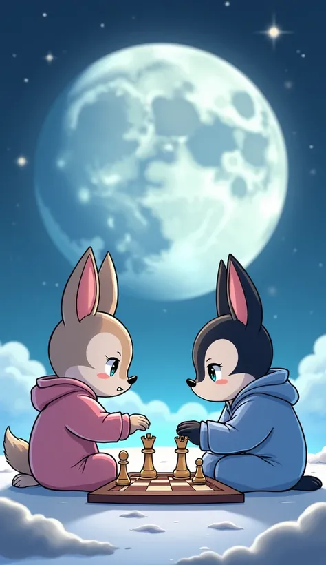 Two ren are playing chess, wearing pajamas. Background on the moon, bright light.