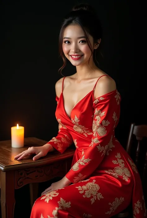 masterpiece portrait of professional photographer, realistic photo ultra HD 16k high resolution, beautiful asian woman aged 25 fat body, bun hairstyle with round face, curly eyelashes and glowing white skin, the woman is wearing a long bright red dress wit...