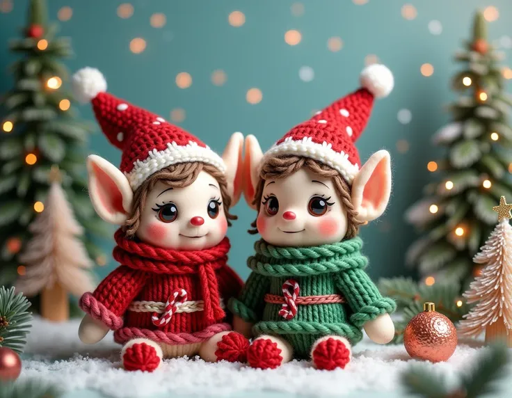 Amigurumi elves Christmas decoration . Beautiful background festive Christmas atmosphere