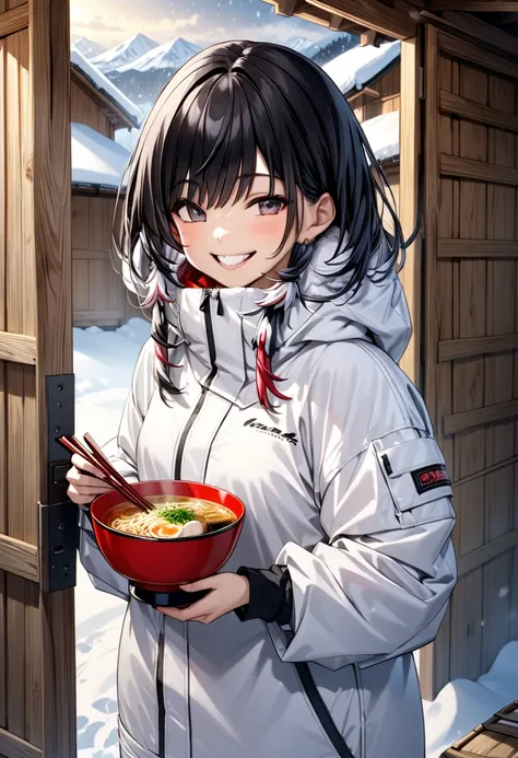 Black-haired beauty"Haruna" smiles and eats a warm piece of ramen ,  wearing white snowboard clothes  , Inside the hut behind closed doors , background:Wooden wall , The victims of the blizzard