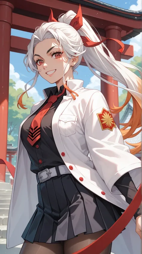  Anime Demon Slayer and Game Minashigoto ，woman， Rengoku Kyojuro and Soutoiketsu Kounojo，Two-tone hair with orange and white hair，Super long hair， Ponytail and Red Ribbon ，Red Eyes， super big eyebrows ， and the eyes are big， smiling face ， small red tie ， ...