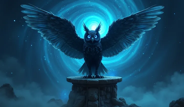 A three-headed owl with glowing blue eyes, perched on an ancient stone altar under a swirling vortex of stars.
