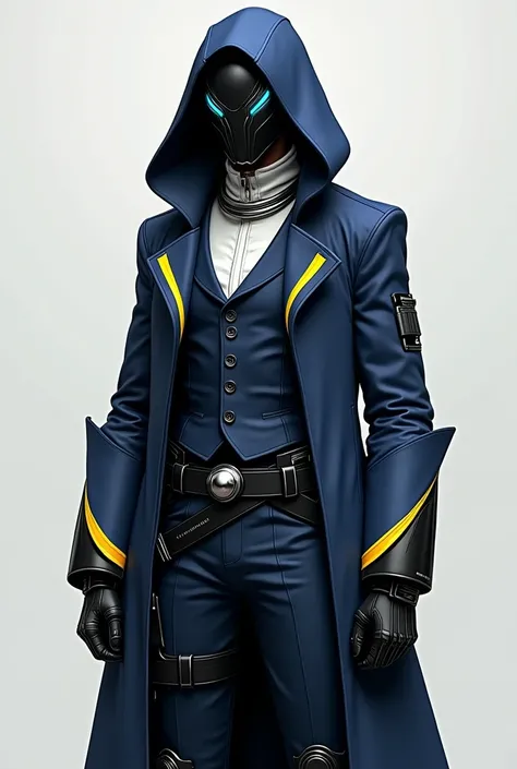 Creating this character, in this uniform:

Usa um sobretudo navy blue, long to the knees, with a hood that partially covers the face. 
Wears a black futuristic mask, the eye openings are thin in slightly diagonal lines, converging in the center, that emana...