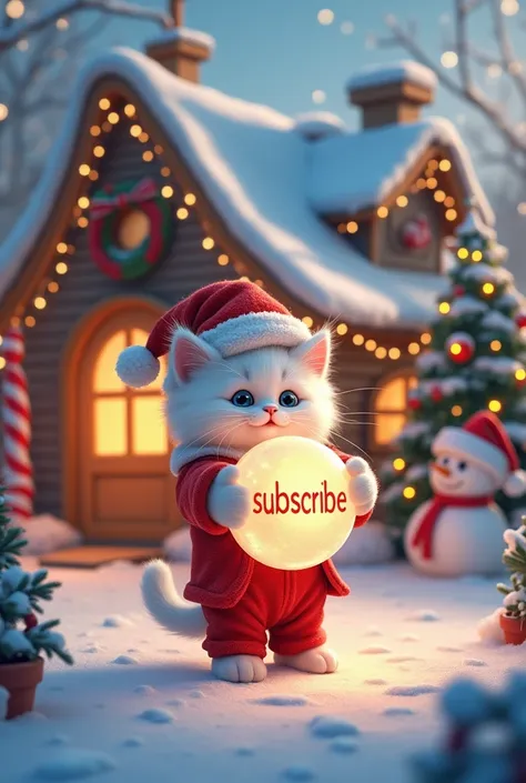 The white kitten with cute face  dressed in its festive red Santa hat and coat, is standing outside its beautifully decorated, magical home. The house sparkles with glowing Christmas lights, candy-cane pillars, and snow-covered rooftops. In its paws, the c...