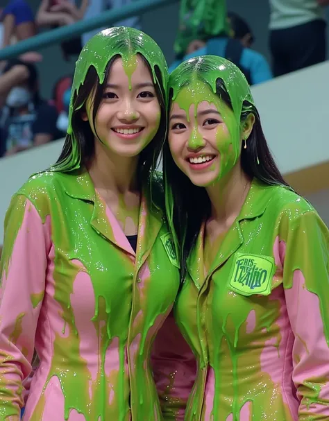 Cinematic photograph of two beautiful Korean woman covered in green slime. Photorealistic. F/1.8 aperture. 35mm. Glistening liquid. Green slime. Slime. Dripping green goo. Raw photo. (Korean girl: 1.5). Korean. Korean woman. Beautiful Korean model. Round f...