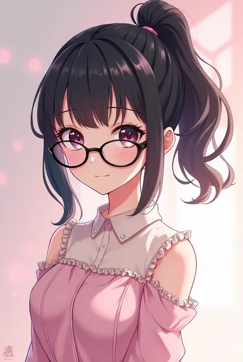 Anime woman wearing glasses, black hair cutting pony hair, girly look