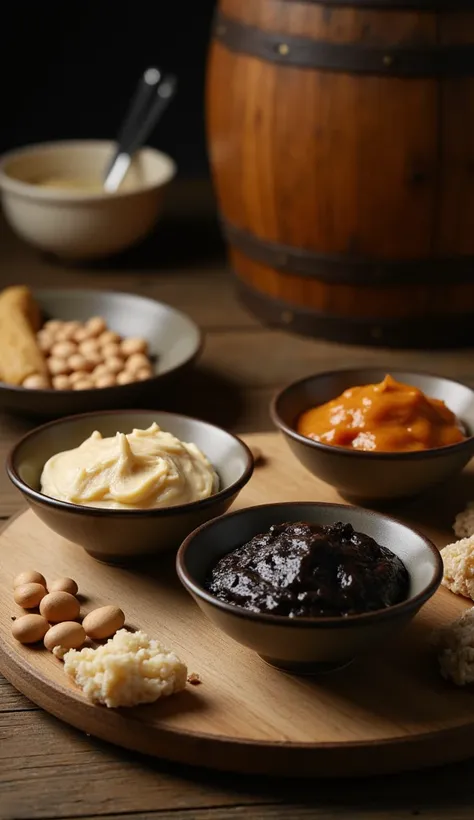 art photo, a showcase of miso’s transformation through fermentation, illustrating how its taste and aroma evolve over time. Three ceramic bowls are elegantly arranged, each containing miso paste at different stages: light miso with a pale, creamy hue and m...