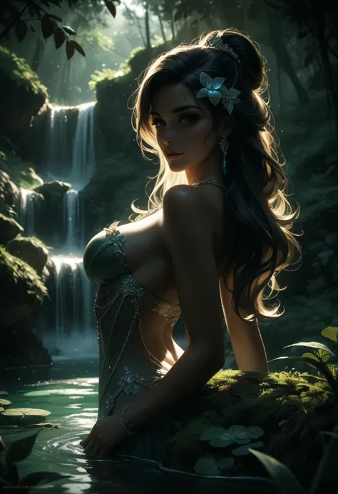 Water sylphid elemental being. Beautiful and lovely water elemental supernatural being, sexy cute and adorable, near the waterfalls, epic perspective, dramatic lighting and shadows in the forest stream