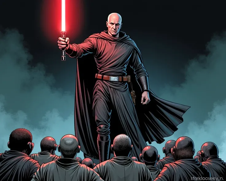 Sardis, smug, stands over them, lightsaber in hand.star wars comic style