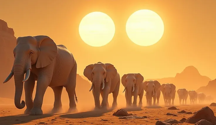 A herd of elephants with bodies made of smooth marble, walking through a desert under a sky filled with two suns.
