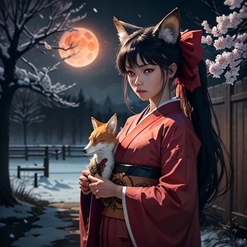 by Yoshitaka Amano, (Broad lighting),  low key lighting , Picturesque, dark(  fantasy art, (Yoshitaka Amano)), (Full-length portrait of a woman,Holding a fox mask in his hand, suzuka nakamoto xl,  black ponytail hair with a fox mask on her hand), Night gra...