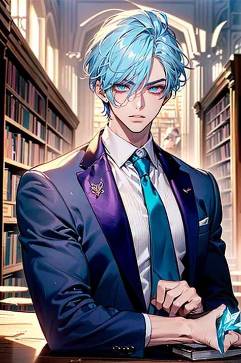 ((Top Quality, best quality, Masterpiece)), ((Ultra Detailed Face, Detailed Lips, Detailed Eyes)), ((1man, solo)), ((A handsome 18 years old boy)), ((Icy blue White Hair, short and messy bangs)), ((Plum Purple Eyes)), ((Exquisite face, Exquisite eyes, very...