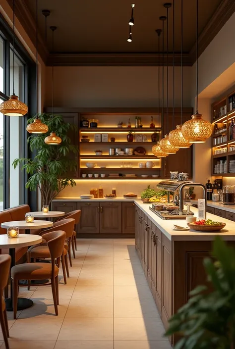 warm tones (beige, brown)  to give a cozy feeling ,  along with touches of green that represent nature and a commitment to sustainability.  the dim lights ,  with simple hanging lamps ,  could improve the feeling of warmth .
Cafeteria kitchen : Compact spa...