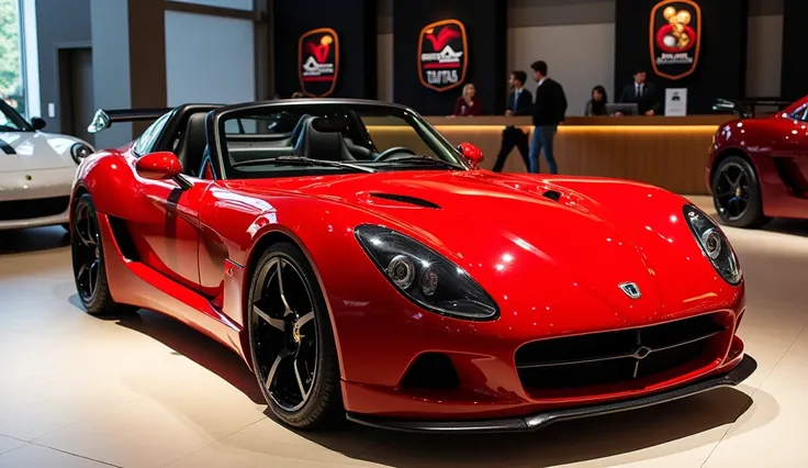 New 2006 TVR sagaris exterior front rear left angle review Open vehicle lights 100% Real and clear images first look show in furnished showroom the vehicle Red colour high quality and high- resolution and name and Logo show on the back wall and vehicle 