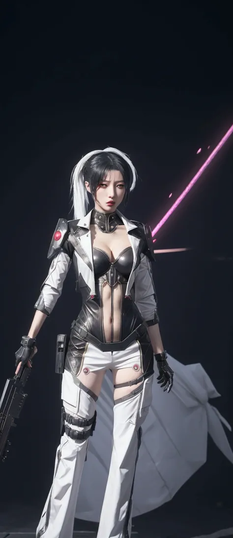 a close up of a person in a costume with a gun, lunar themed attire, katana zero video game character, lineage 2 revolution style, cyberpunk femme fatale, dominatrix assassin robot, female assassin, as a character in tekken, in a dark space mercenary outfi...