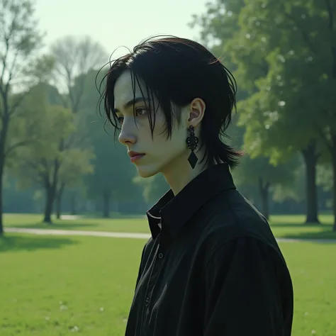 a man,pale,with dark circles,brown eyes, long hair ,black earrings,cold posture ,cold face, looking at the horizon, a place with grass ,sunny, In a park 