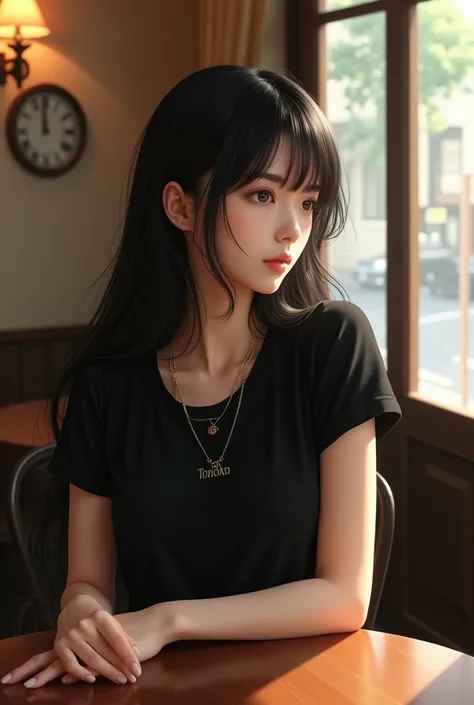 Beautiful japanese girl sitting at the cafe, wearing black sexy t-shirts with names tomoko on its. Likes her waiting for someone, long hairs, beautiful body, photo size square