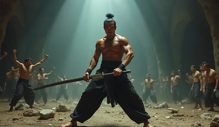 Asian fighter in the form of actor Iko Uwais | Muscle split, sword in hand, wearing black pants. In the background, Asian fighters. And on the ground, many dead bodies, the place is an abandoned cave, movie shot, action,. Chaotic scene