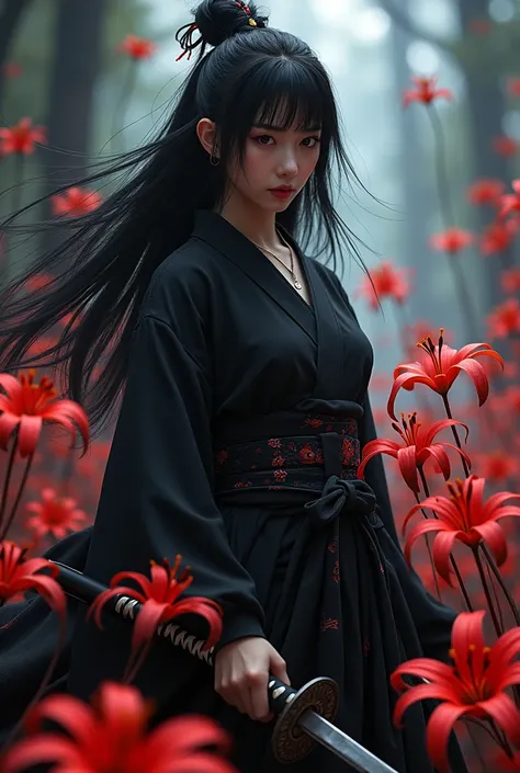 japanese girl, katana, cool, red spider lily, black hair, long hair