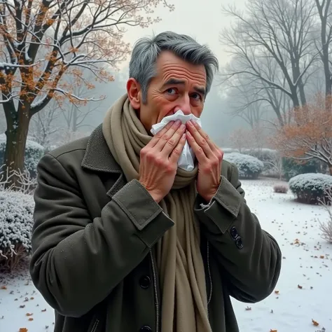 1 man, yawning, wiping nose with tissue, winter garden, masterpiece, best quality, detailed, high resolution, photorealistic