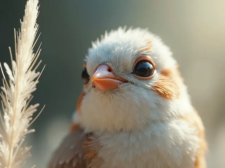 A captivating close-up portrait of a beautiful little bird illuminated by soft, golden morning sunlight, A clear bokeh ball gently envelops the delicate figure..